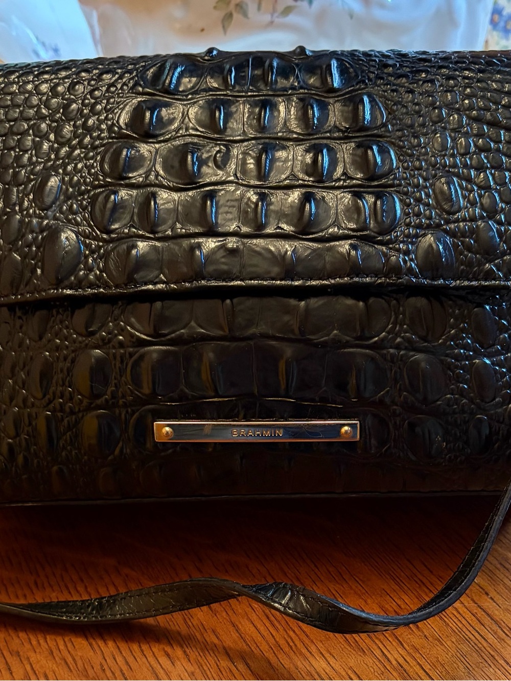 Brahmin Black Croc-Embossed Leather Crossbody